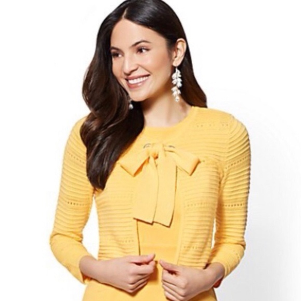 New York & Company Yellow Bow Tied Cardigan Size: Medium